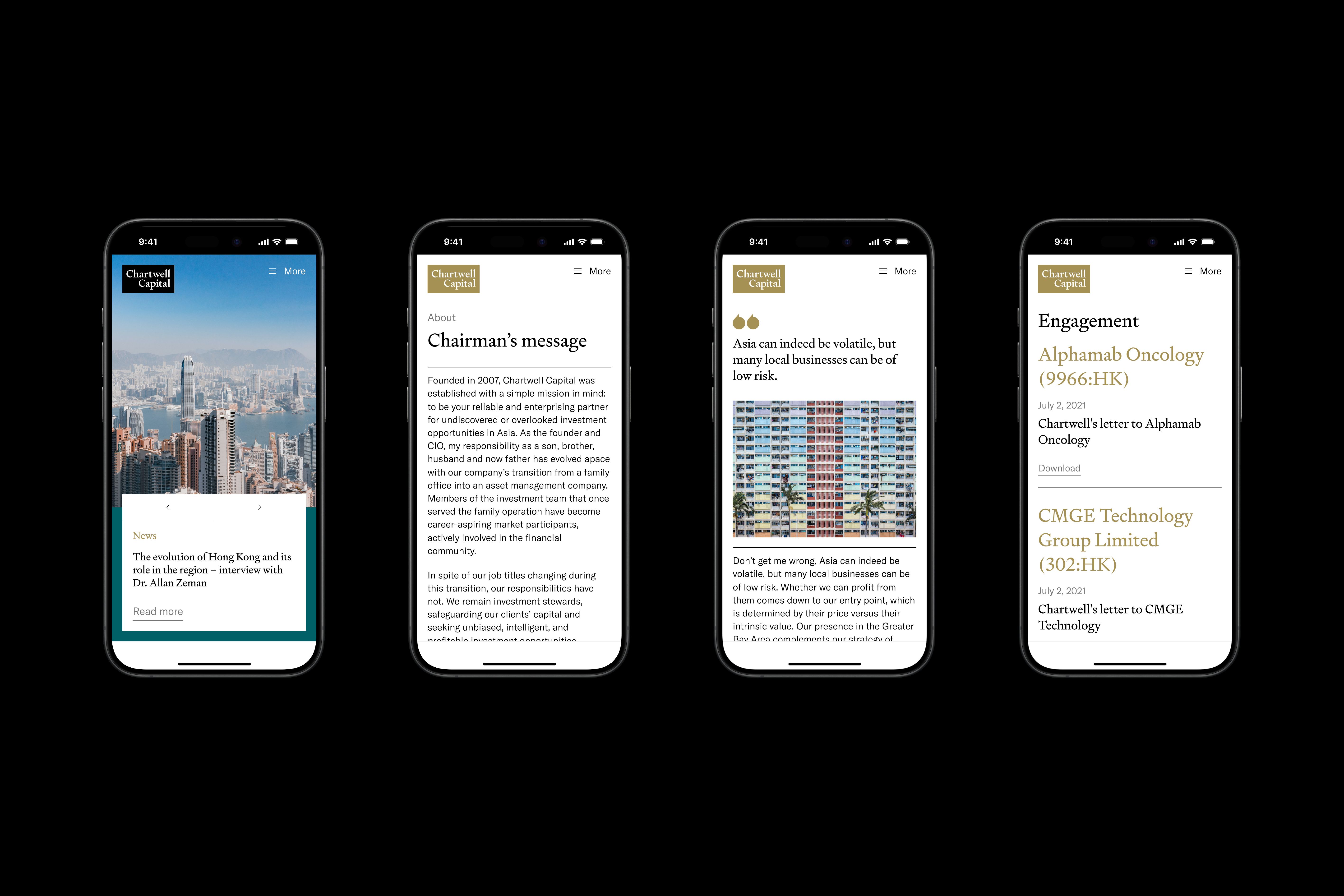 Four interfaces of the homepage, Chairman's message, About us, and Engagement from Chartwell Capital's website.