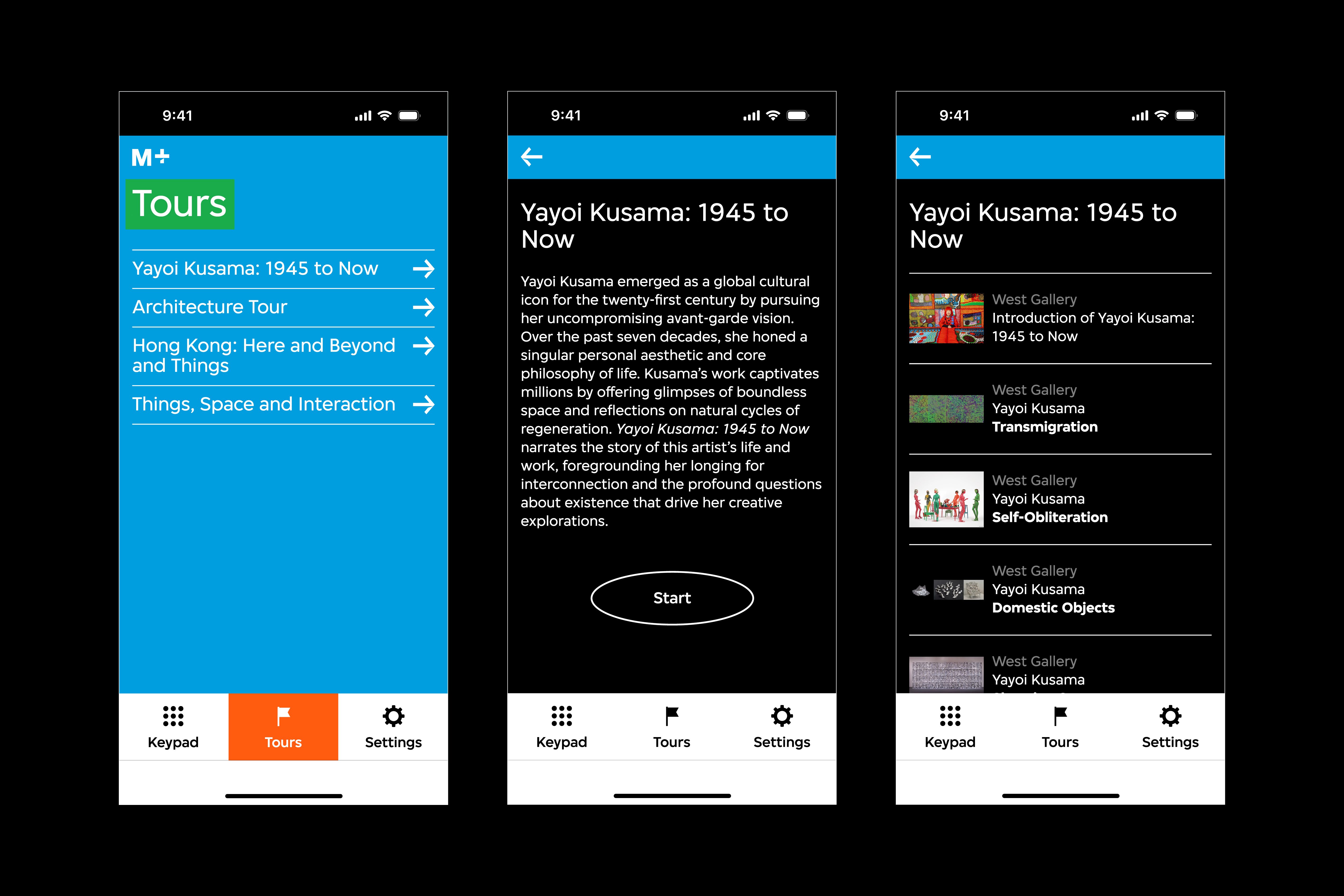 There are three audio guide interfaces. The first interface features the tours overview page. The second interface features the exhibition introduction page, and the third interface features an exhibition overview page.