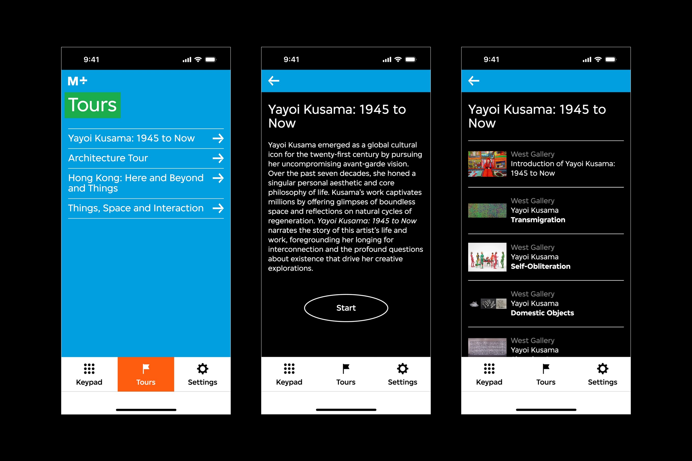 There are three audio guide interfaces. The first interface features the tours overview page. The second interface features the exhibition introduction page, and the third interface features an exhibition overview page.