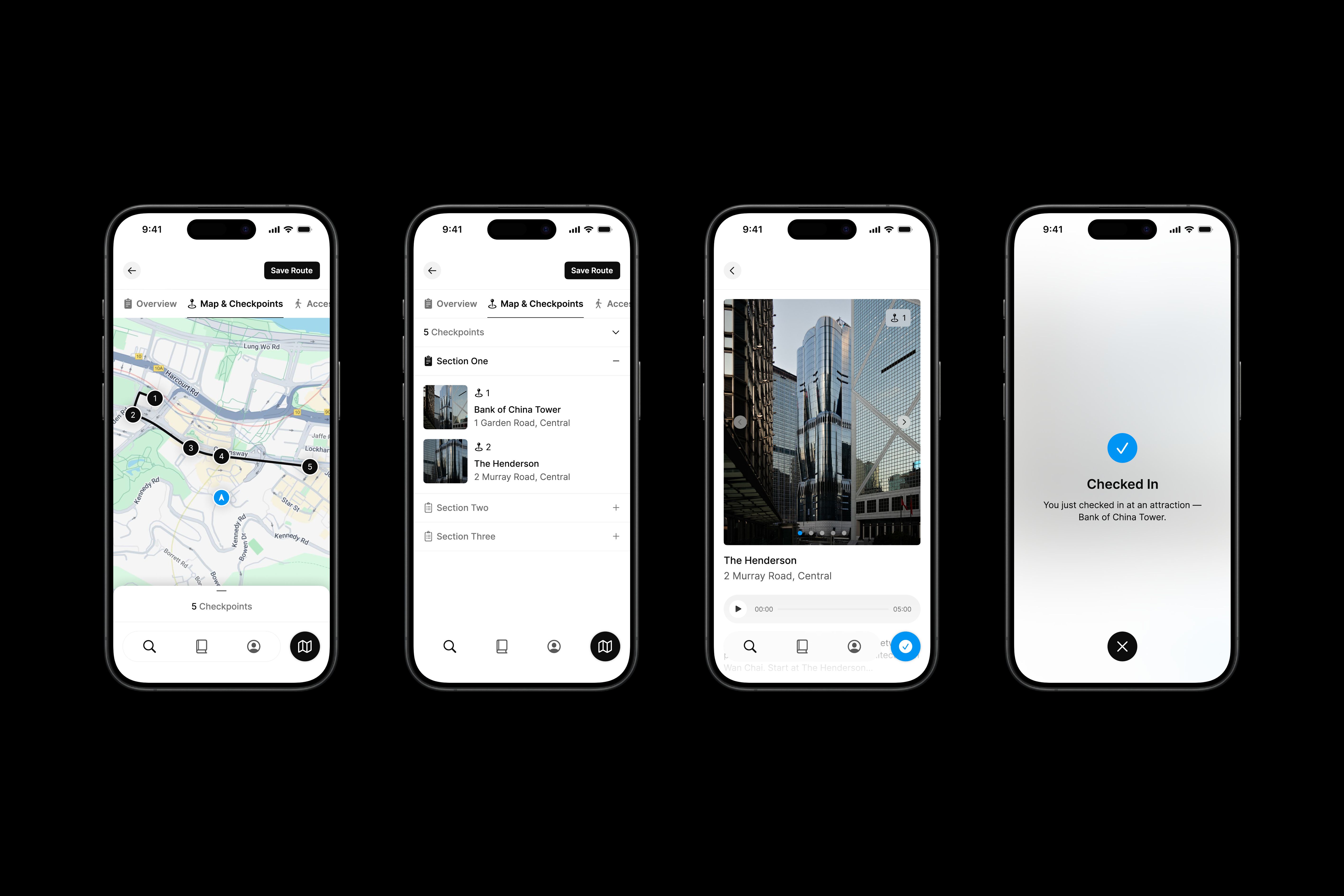 Four iPhone mock ups featuring Many Road's app design.