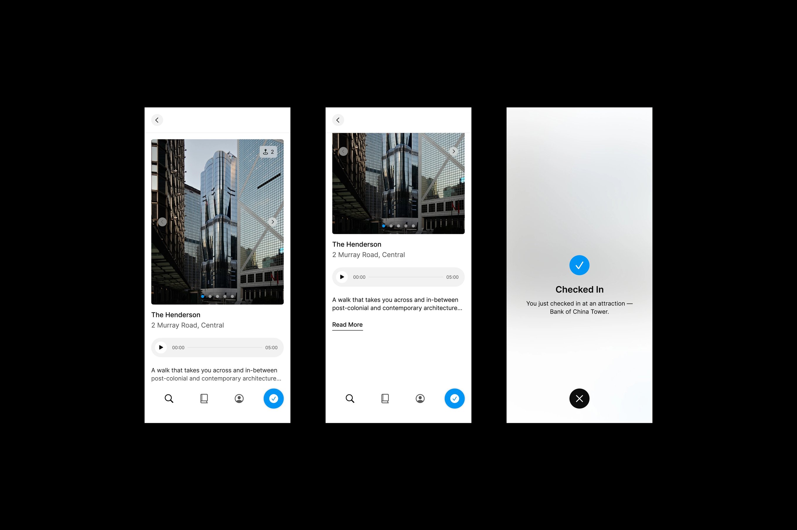 Three designs featuring the Many Road app's route checkpoint and route check in page.