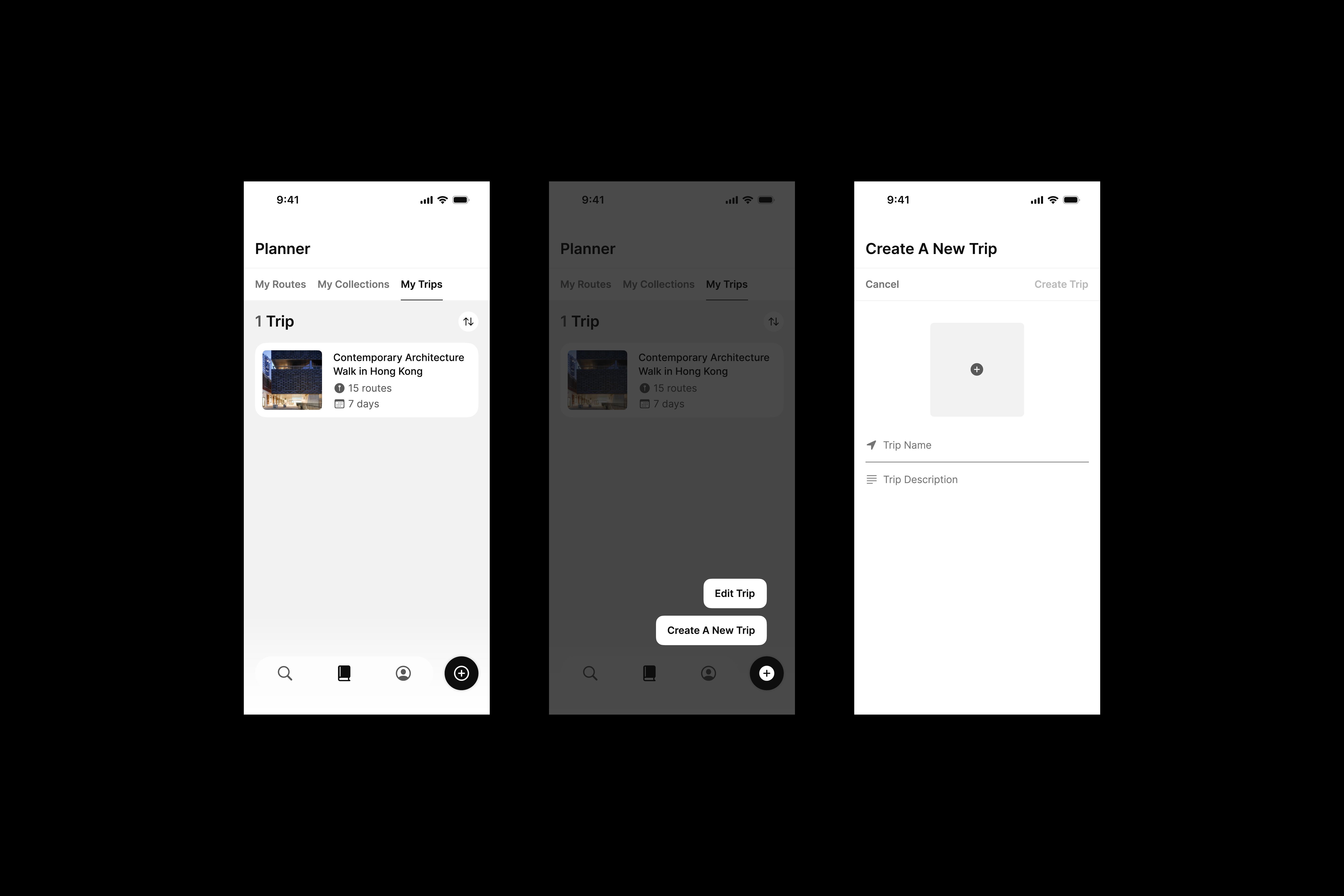 Three designs featuring the Many Road app's create a new trip page.