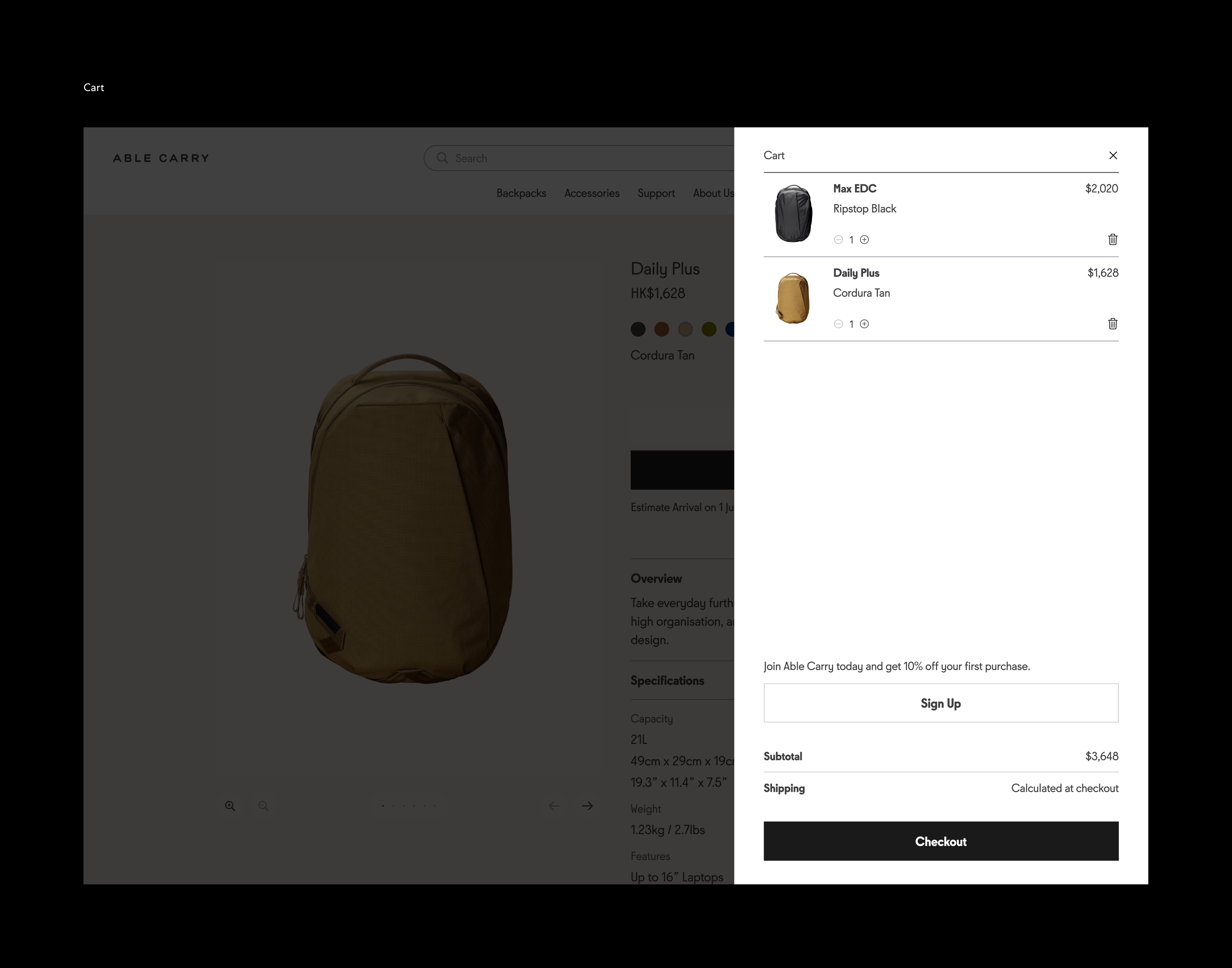 An image featuring Able Carry's shopping cart page design.
