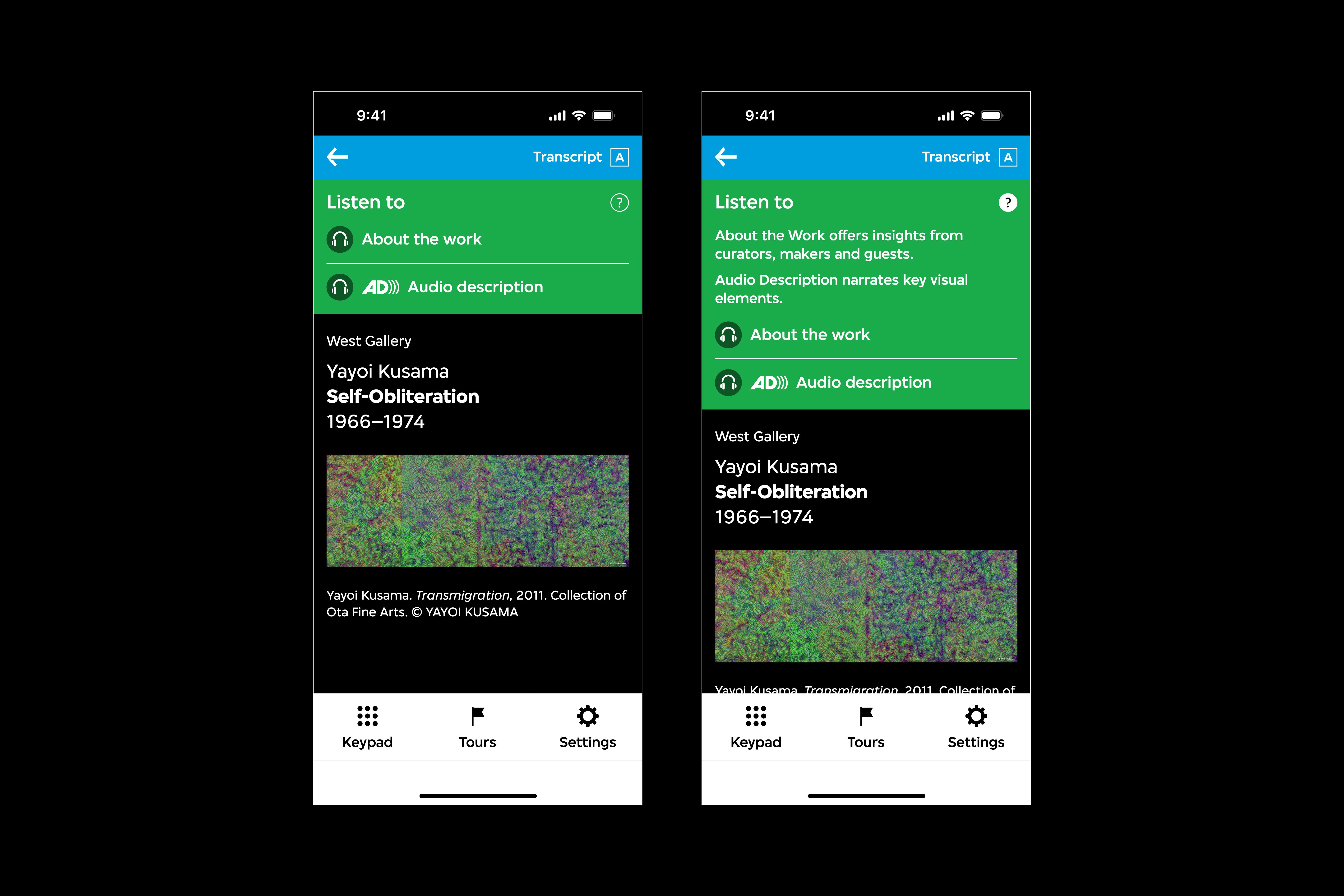 There are two audio guide interfaces. The first interface features a container for the about the work and audio description audio track options, and the second interface features a description of those options.