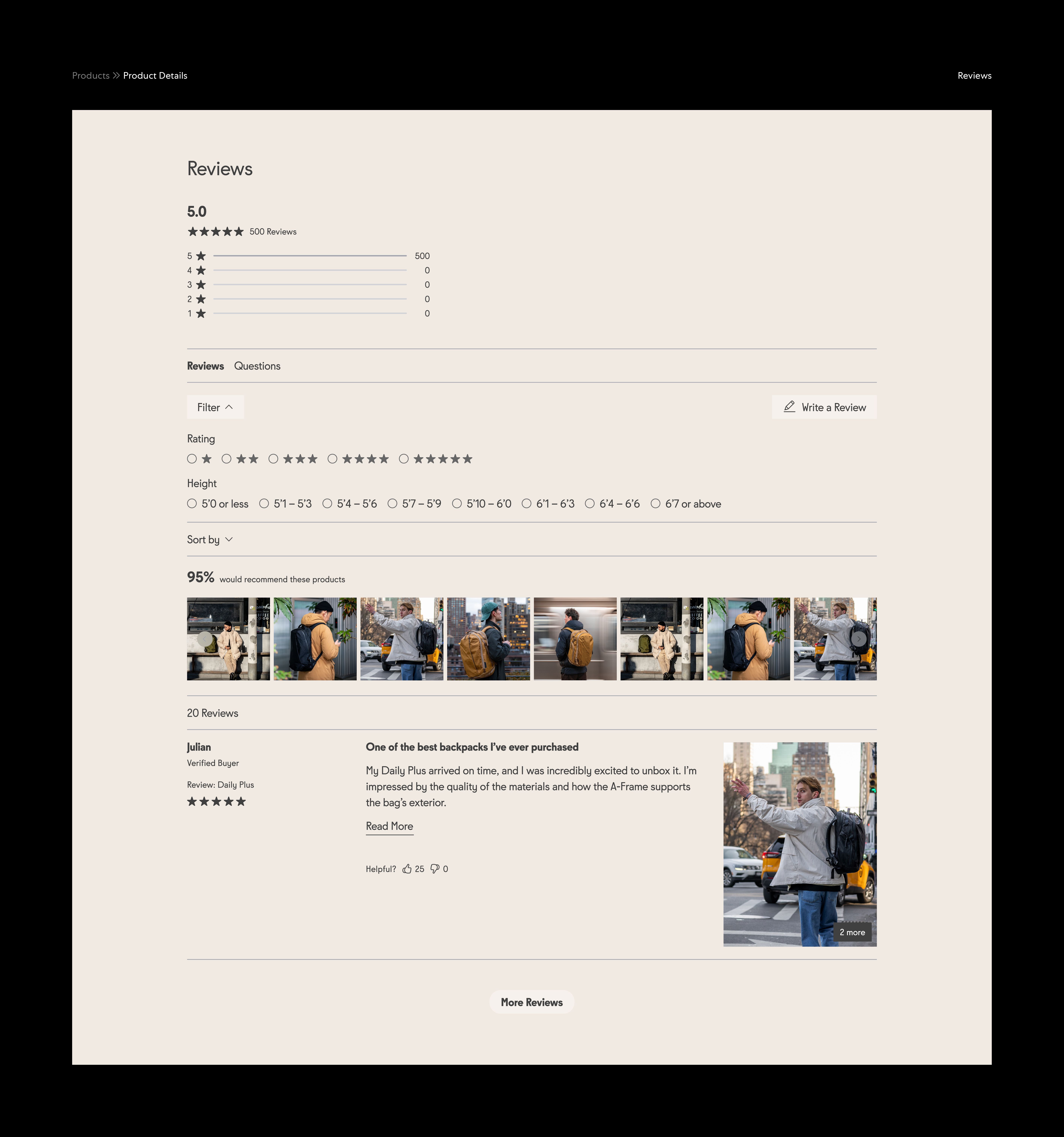 An image featuring Able Carry's product detail page design, feature a product review section.