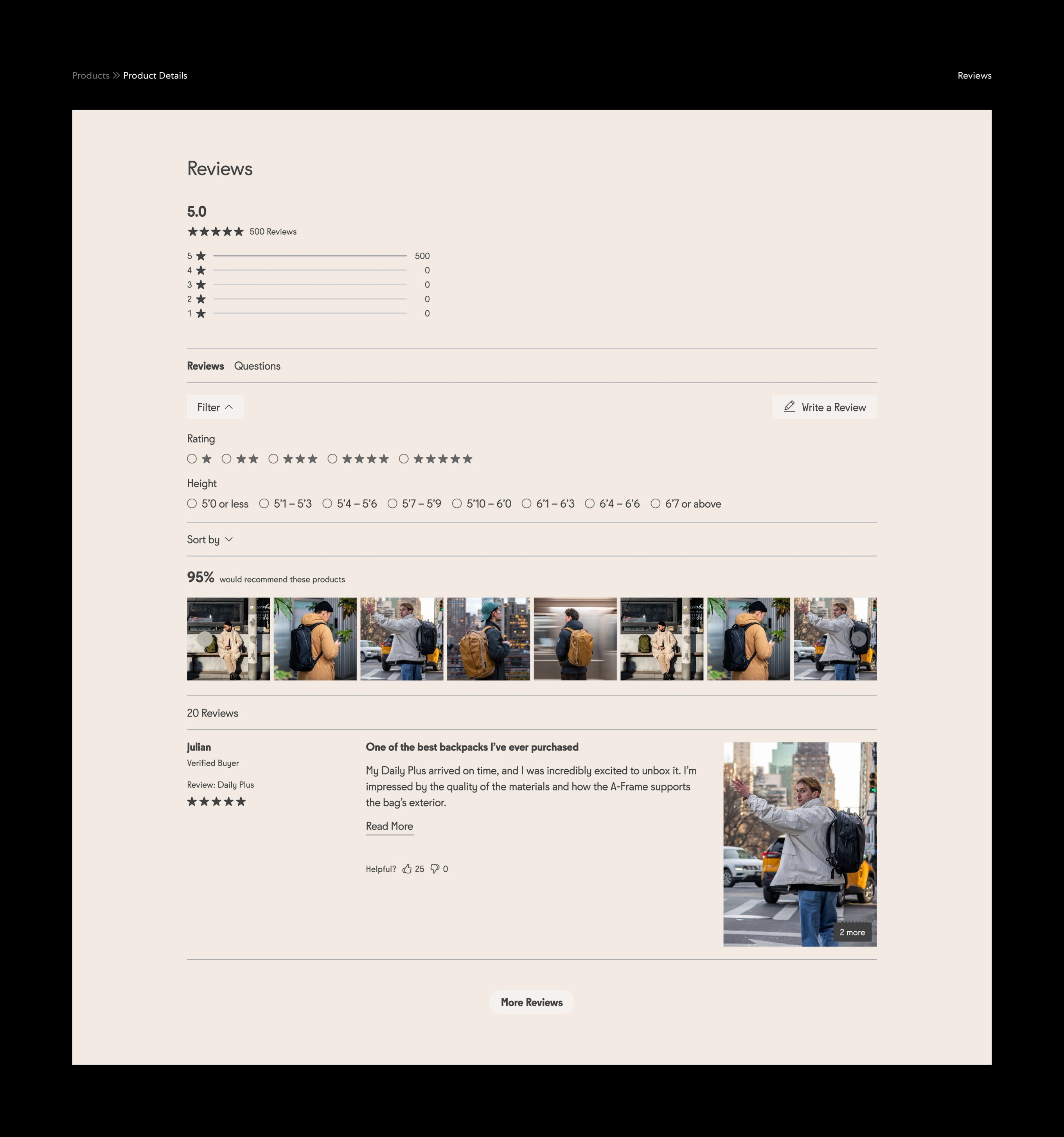 An image featuring Able Carry's product detail page design, feature a product review section.