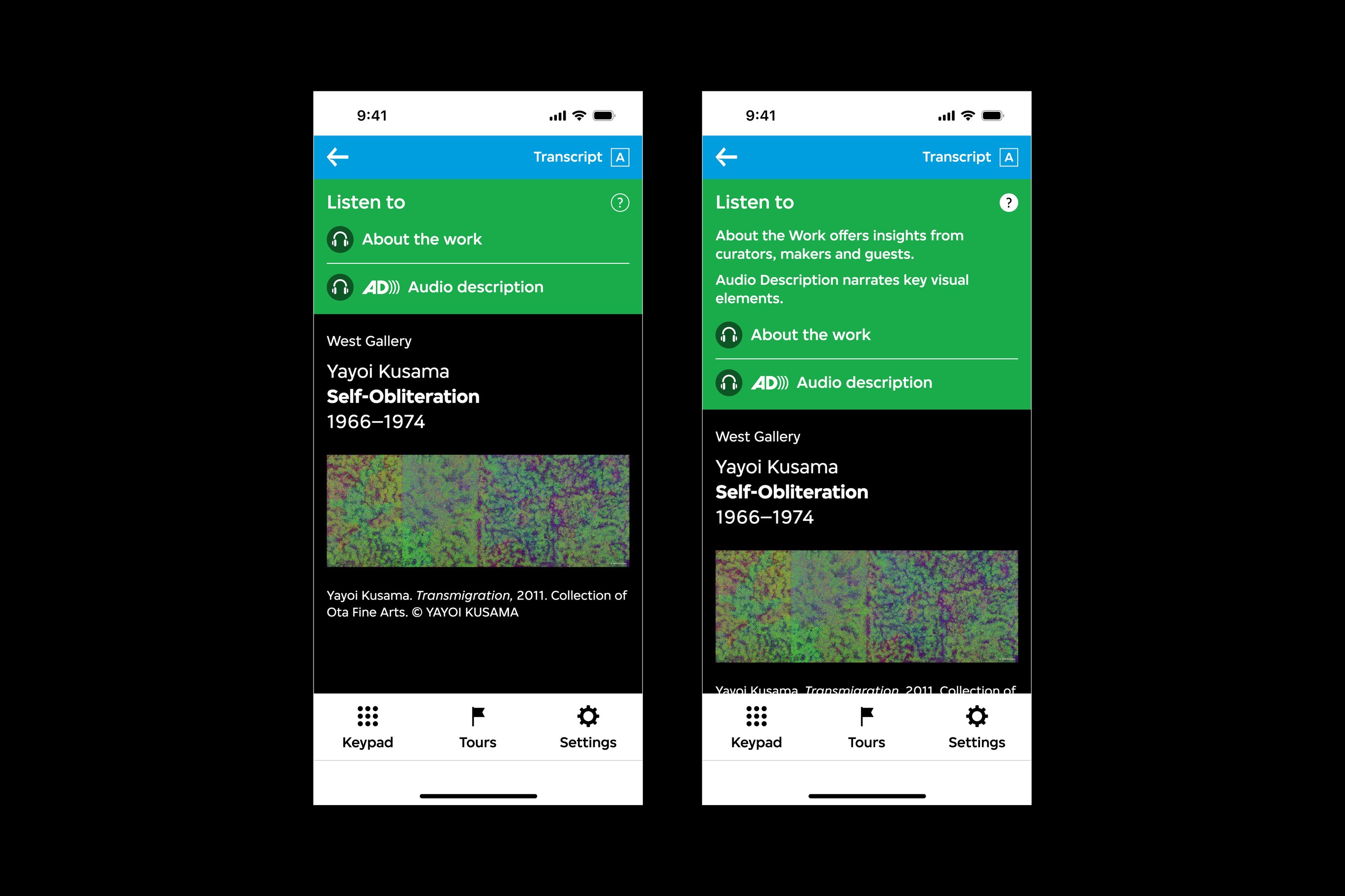 There are two audio guide interfaces. The first interface features a container for the about the work and audio description audio track options, and the second interface features a description of those options.