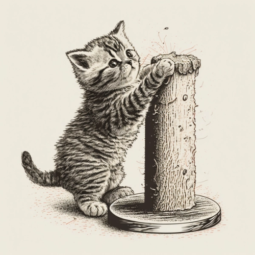 Hand drawn image of a cat using a scratching post
