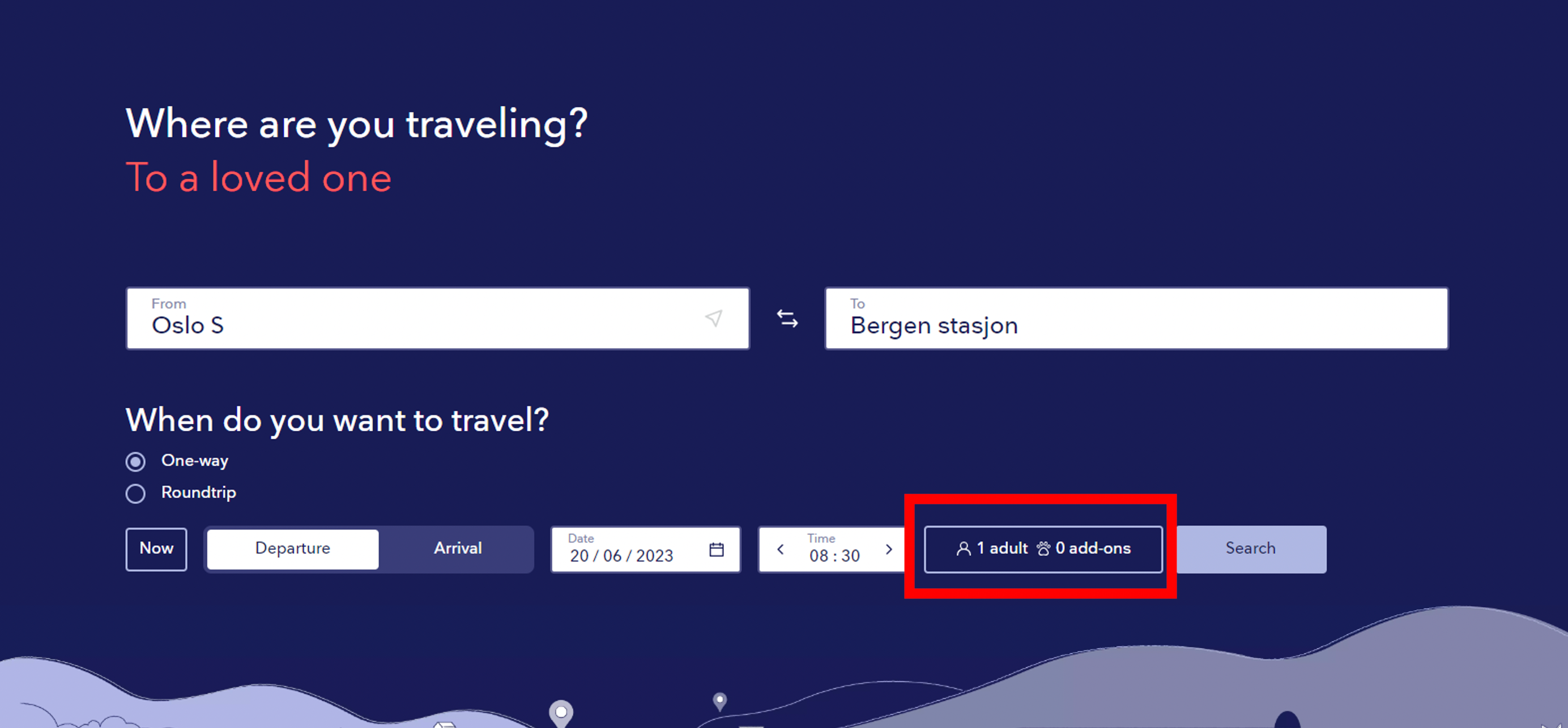 After entering information about departure and destination, open the people picker