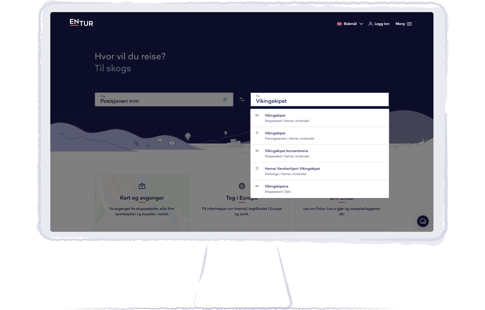 desktopskjerm viser søk på destinasjon vikingskipet