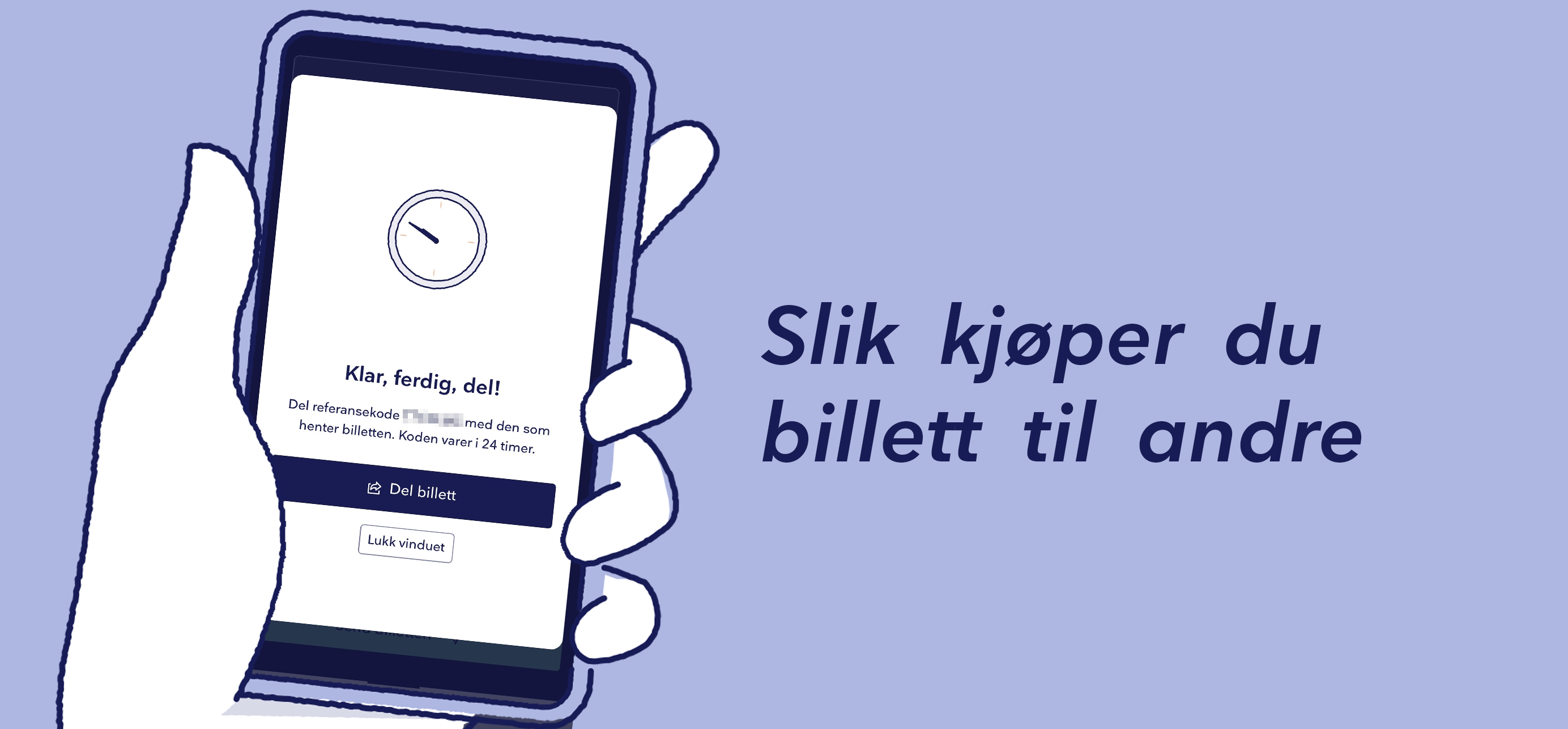 Illustrasjon av en hånd som holder en smarttelefon. på telefonen står det "Klar, ferdig, del! Del referansekode (refkode) med den som henter billetten. Koden varer i 24 timer." Under er en blå knapp som det står "del billett" på, og en liten knapp der det står "Lukk vinduet". Til venstre for illustrasjonen står det "Slik kjøper du billett til andre" i blå skrift.