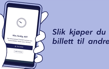 Illustrasjon av en hånd som holder en smarttelefon. på telefonen står det "Klar, ferdig, del! Del referansekode (refkode) med den som henter billetten. Koden varer i 24 timer." Under er en blå knapp som det står "del billett" på, og en liten knapp der det står "Lukk vinduet". Til venstre for illustrasjonen står det "Slik kjøper du billett til andre" i blå skrift. 