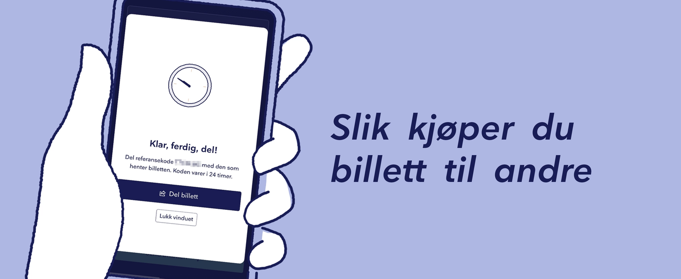 Illustrasjon av en hånd som holder en smarttelefon. på telefonen står det "Klar, ferdig, del! Del referansekode (refkode) med den som henter billetten. Koden varer i 24 timer." Under er en blå knapp som det står "del billett" på, og en liten knapp der det står "Lukk vinduet". Til venstre for illustrasjonen står det "Slik kjøper du billett til andre" i blå skrift. 