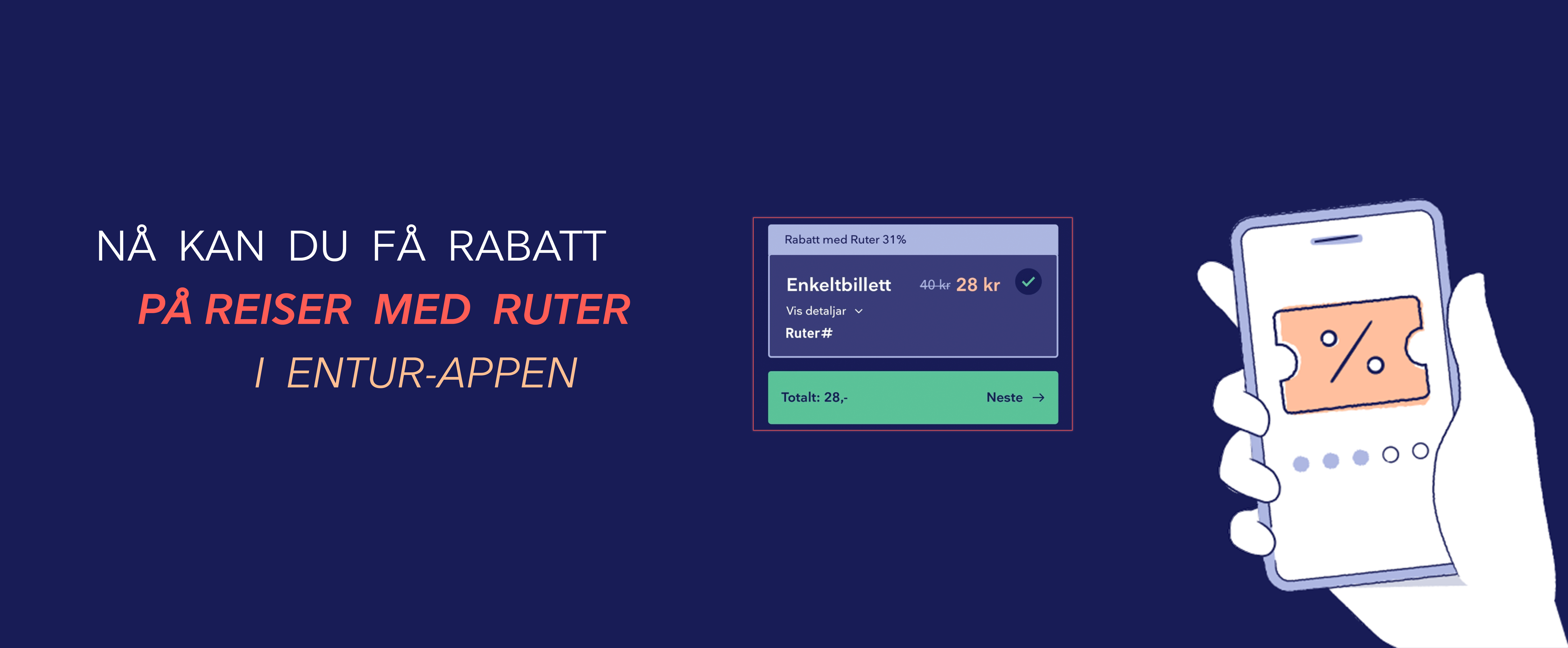 Blå bakgrunn med teksten "Nå kan du få rabatt på reiser med Ruter i Entur-appen". Ved siden av teksten vises et utklipp fra Entur-appen fra kjøpsløpet, der man ser at en Ruter-billett er satt ned fra 40 til 28 kroner. Ved siden av dette vises en illustrert hånd som holder en smart-telefon med bile av en billett med rabatt-symbol på.