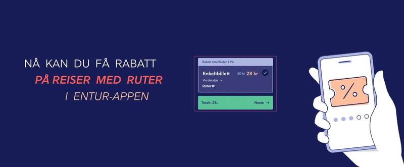 Blå bakgrunn med teksten "Nå kan du få rabatt på reiser med Ruter i Entur-appen". Ved siden av teksten vises et utklipp fra Entur-appen fra kjøpsløpet, der man ser at en Ruter-billett er satt ned fra 40 til 28 kroner. Ved siden av dette vises en illustrert hånd som holder en smart-telefon med bile av en billett med rabatt-symbol på.