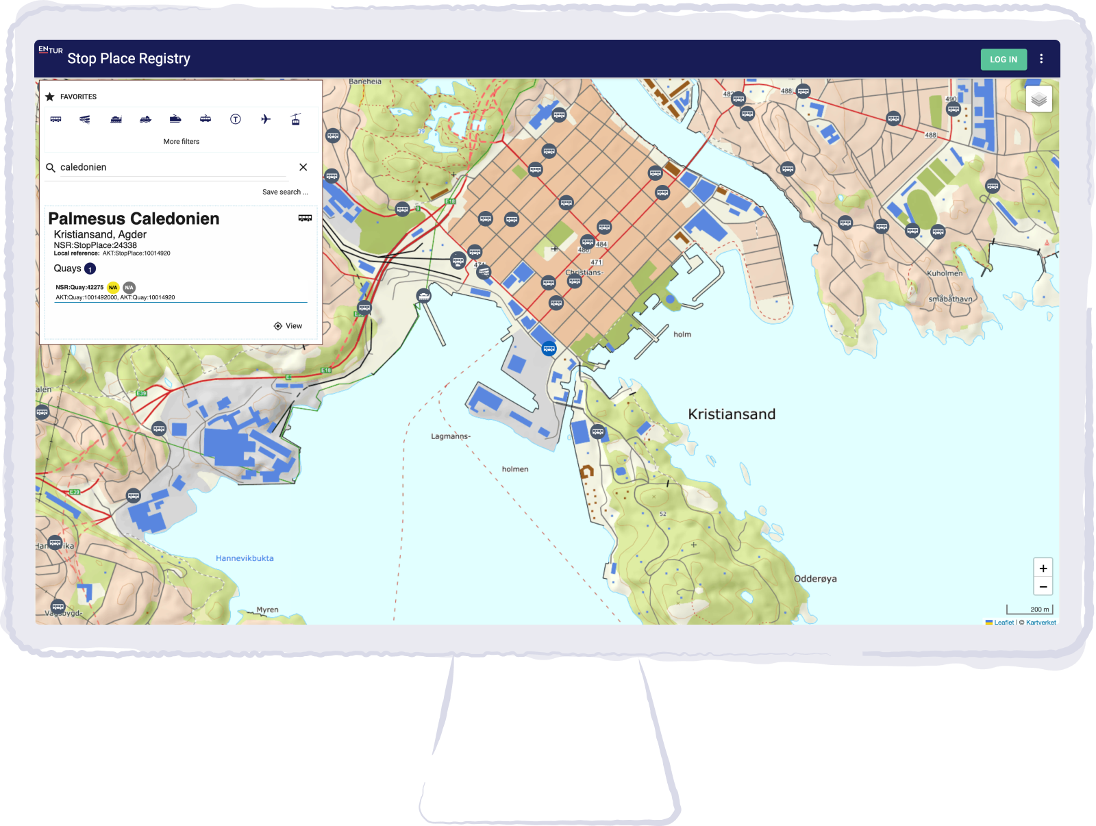 illustrasjon av en skjerm som viser stoppestedregister