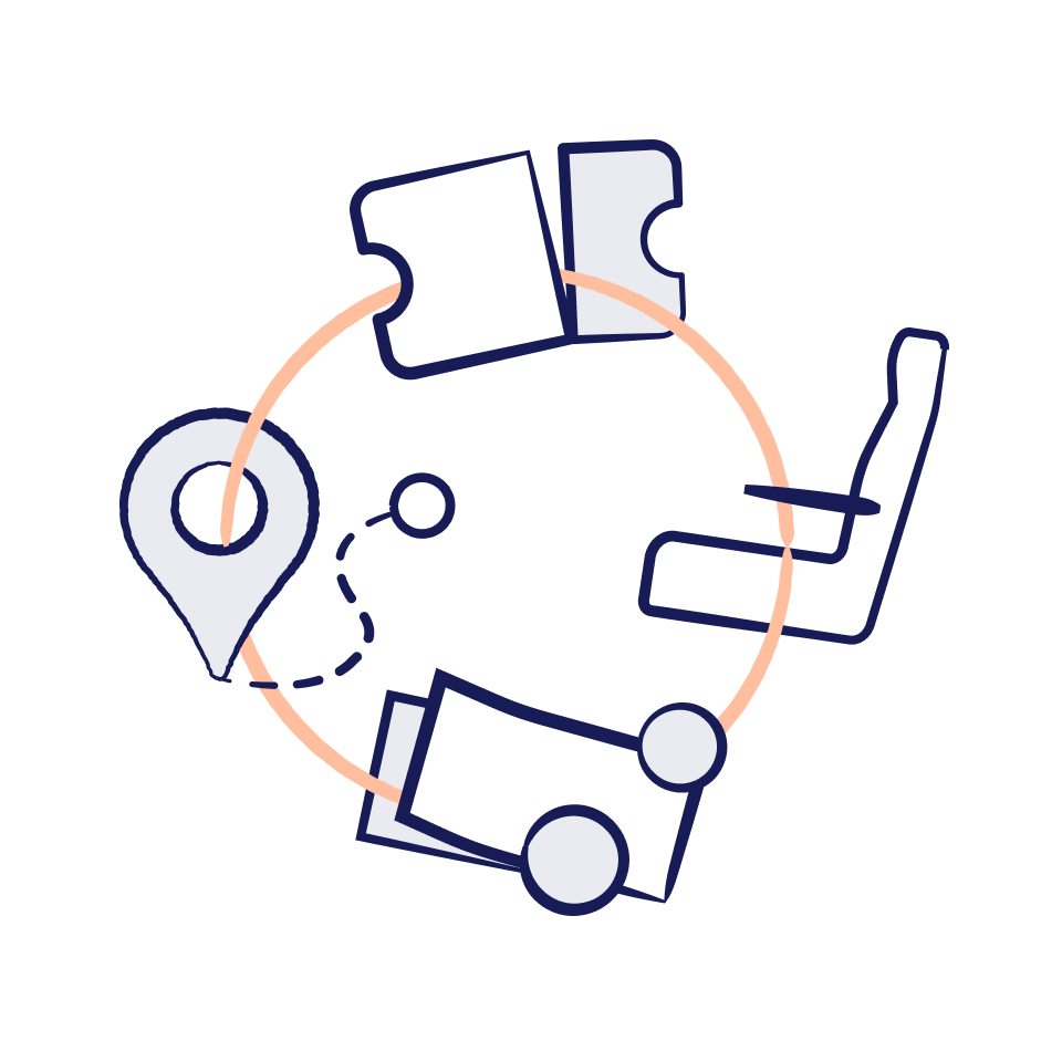 illustrasjon av billett, togsete, penger, kartnål som er knyttet sammen i en sirkel