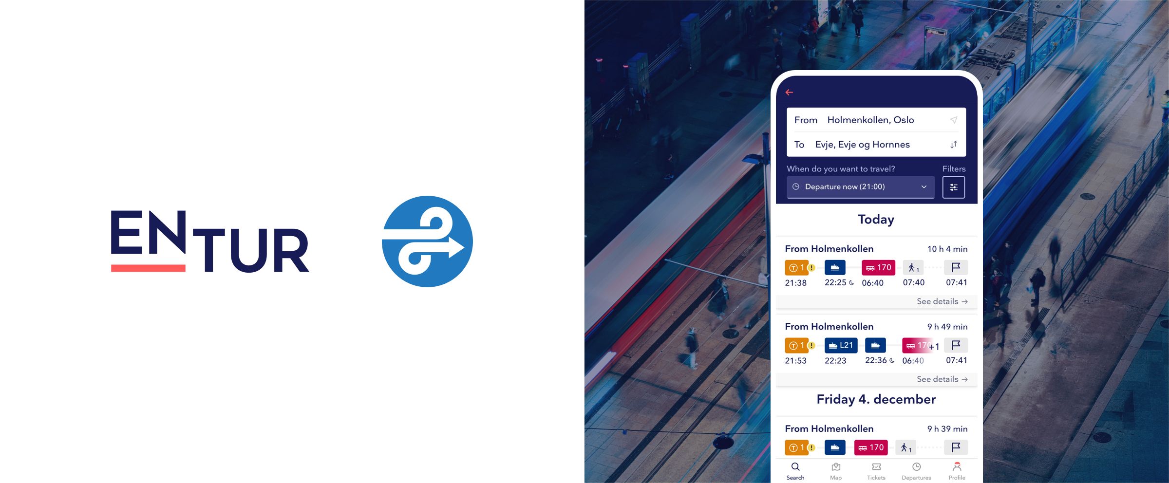 Bilde av Entur's logo ved siden av logoen til Opentripplanner, samt et utklipp av Entur-appen foran et bilde av en togplattform.