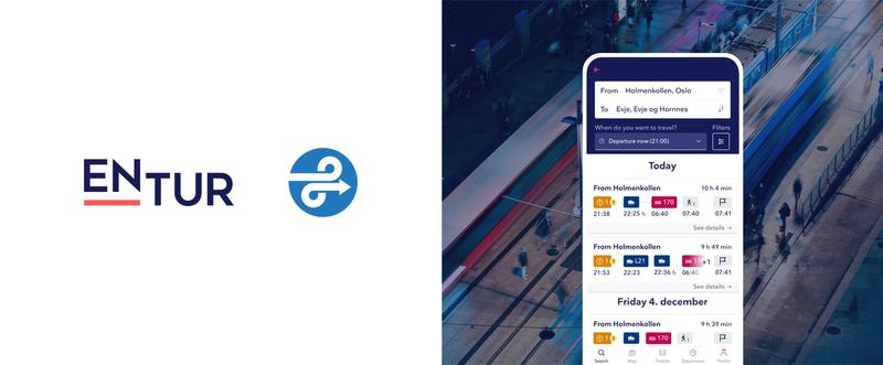 Bilde av Entur's logo ved siden av logoen til Opentripplanner, samt et utklipp av Entur-appen foran et bilde av en togplattform.