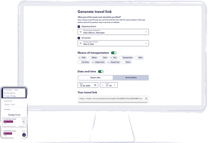 Illustrasjon av grensesnittet for å opprette en reiselenke på web og mobil
