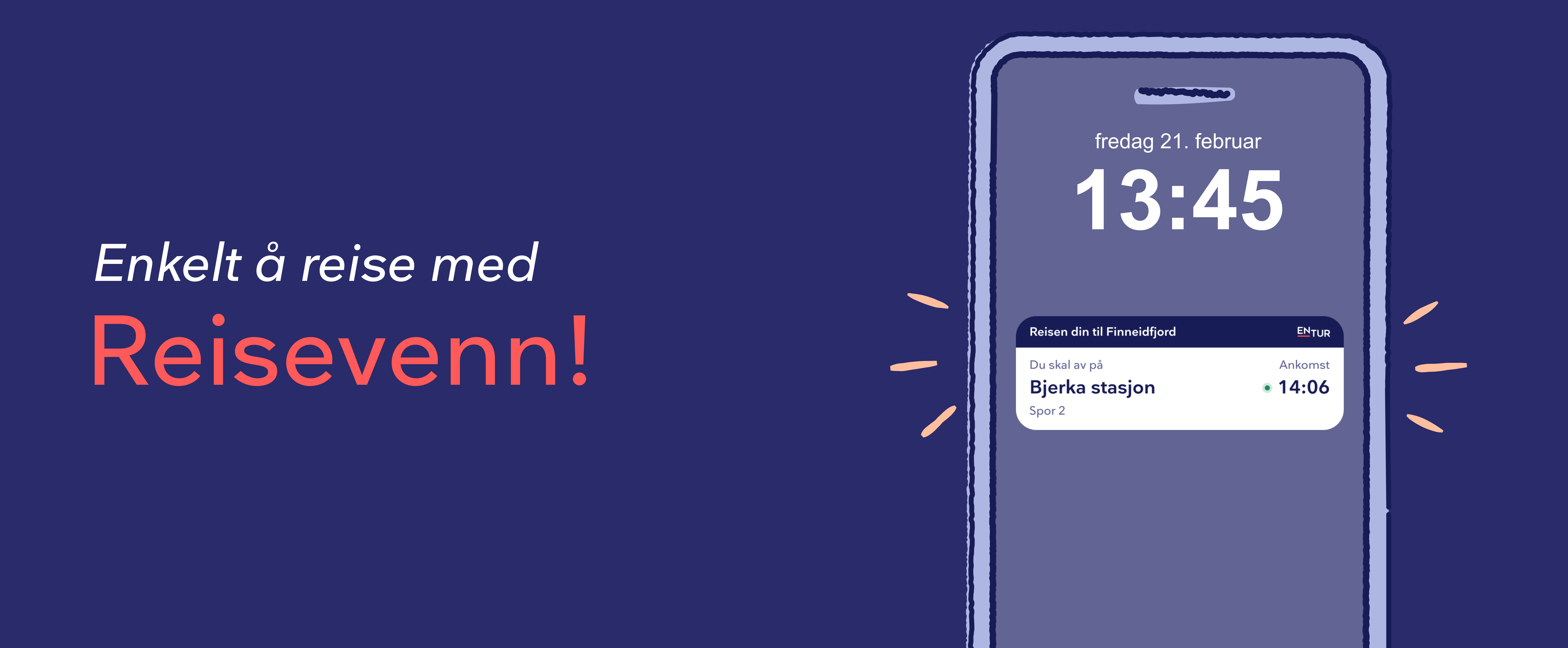 En illustrert iPhone på blå bakgrunn som har en notifikasjon på låseskjermen. Notifikasjonen er reisevenn fra Entur. Til venstre på bildet står det "Enkelt å reise med Reisevenn!".