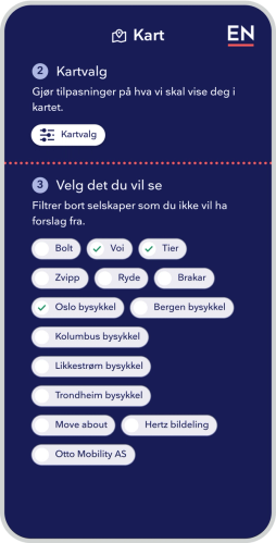 Illustrasjonen viser to utdrag fra appen. Øverst ser man filter-ikonet. Teksten sier "2. Kartvalg. Gjør tilpasninger på hva vi skal vise seg i kartet". Nederst er det knapper for alle sparke og by-sykkelaktører i Norge. Tekst: "3.Velg det du vil se. Filtrer bort selskaper som du ikke vil ha forslag fra"