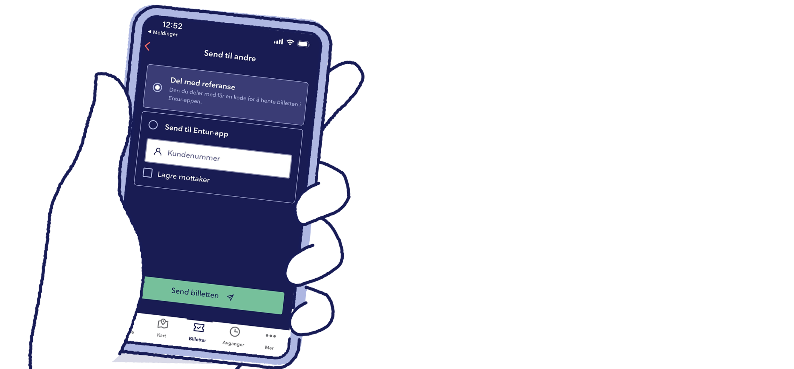 Illustrasjon av en hånd som holder en smarttelefon. På skjermen ser man utklipp fra Entur-appen med valgmenyen for kjøp av billett til andre.