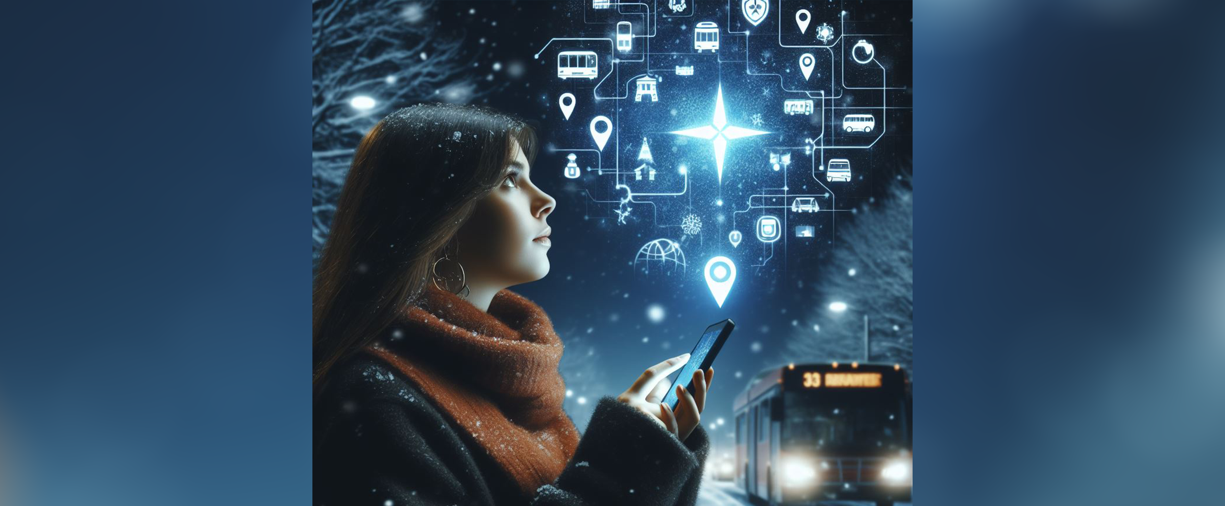 KI-generert bilde av en jente med en mobil i hånden. Hun ser opp på en mørk vinterhimmel, der en stjerne lyser, med illuminiserte kollektivreise-symboler henger rundt. Til høyre i bildet ser man en buss.