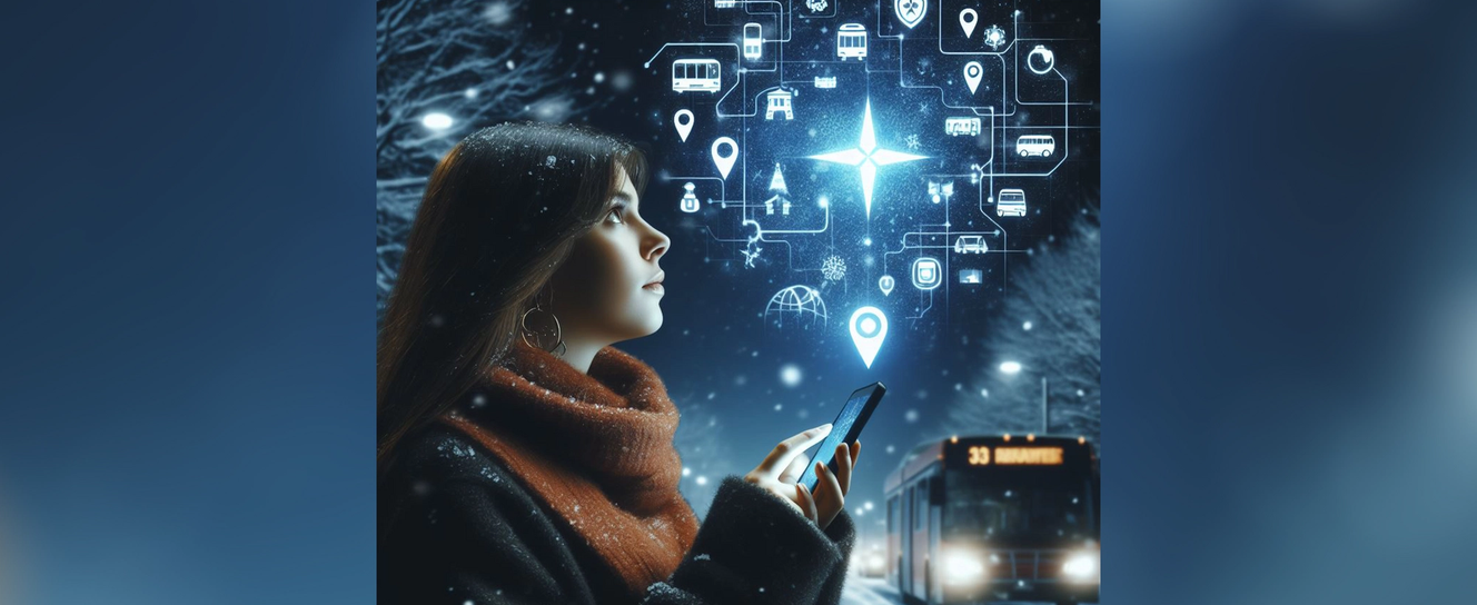 KI-generert bilde av en jente med en mobil i hånden. Hun ser opp på en mørk vinterhimmel, der en stjerne lyser, med illuminiserte kollektivreise-symboler henger rundt. Til høyre i bildet ser man en buss. 