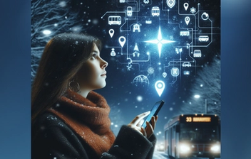 KI-generert bilde av en jente med en mobil i hånden. Hun ser opp på en mørk vinterhimmel, der en stjerne lyser, med illuminiserte kollektivreise-symboler henger rundt. Til høyre i bildet ser man en buss. 