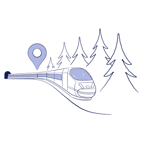 Illustrasjon av et tog gjennom en granskog