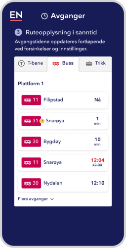 Illustrasjon av stoppestedstavle for buss og en uspesifisert plattform 1. En liste med bussavganger i venstrestilt kolonne, med nedtelling til avreisetidspunkt i tilsvarende høyre kolonne. Teksten øverst i bildet: "1. Ruteopplysning i sanntid. Avgangstidene oppdateres fortløpende ved forsinkelser og innstillinger"