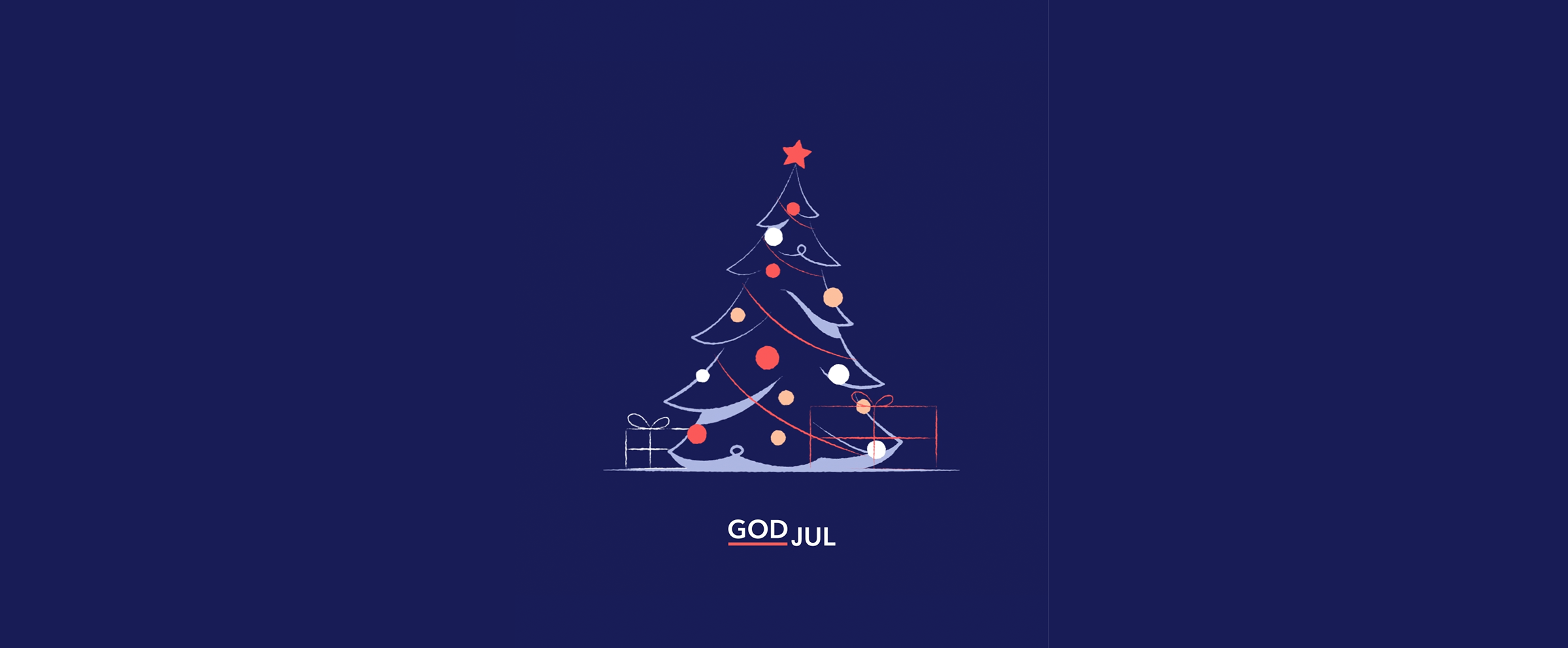 Et tegnet juletre og skriften God Jul i Enturs profilfarger