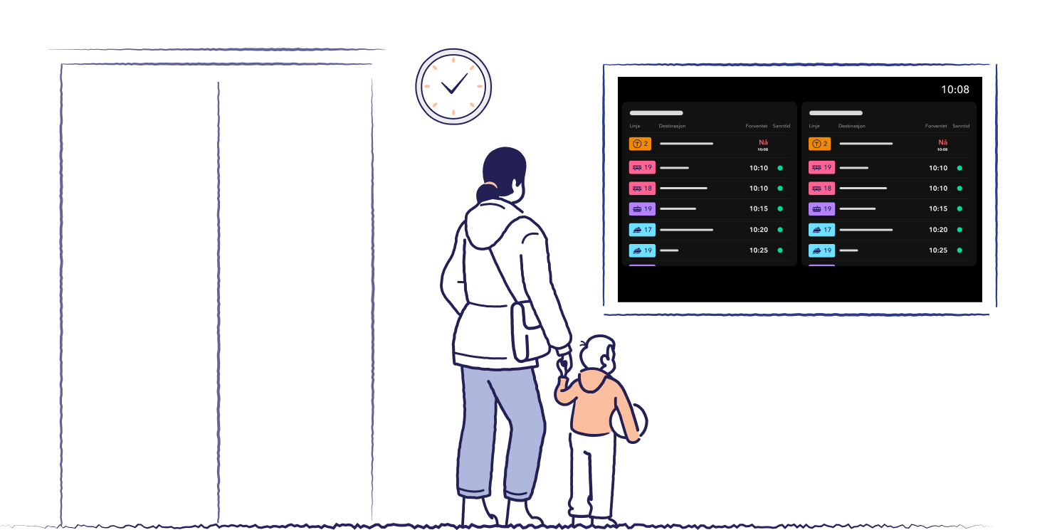illustrasjon av mor og barn som ser på tavla som viser sanntidsinformasjon om avganger