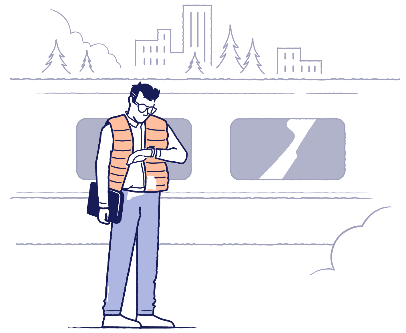 illustrasjon av mann foran tog