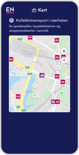 Illustrasjon av et kart med stoppestedsikoner og sparkesykkel-ikoner plassert utover. Teksten sier: "1. Kollektivtransport i nærheten. Se sparkesykler, bysykkelstativer og stoppestedstavler i sanntid"