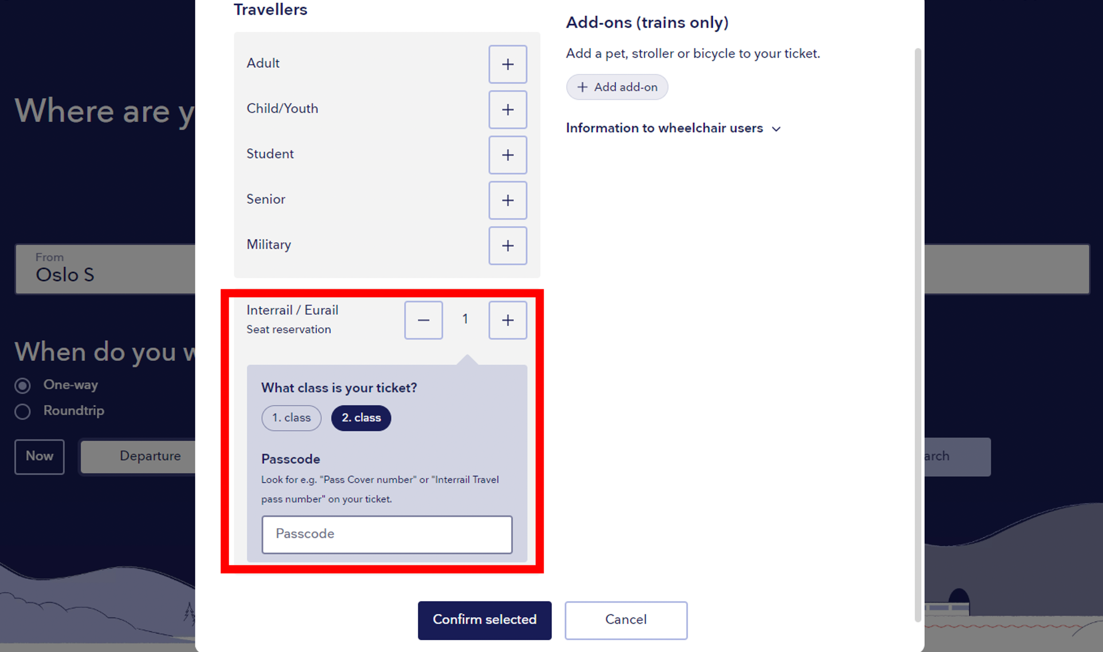 En dialogboks åpner seg når man har en "interrail/eurail" valgt. man kan fylle inn hvilken billettklasse man har,. 