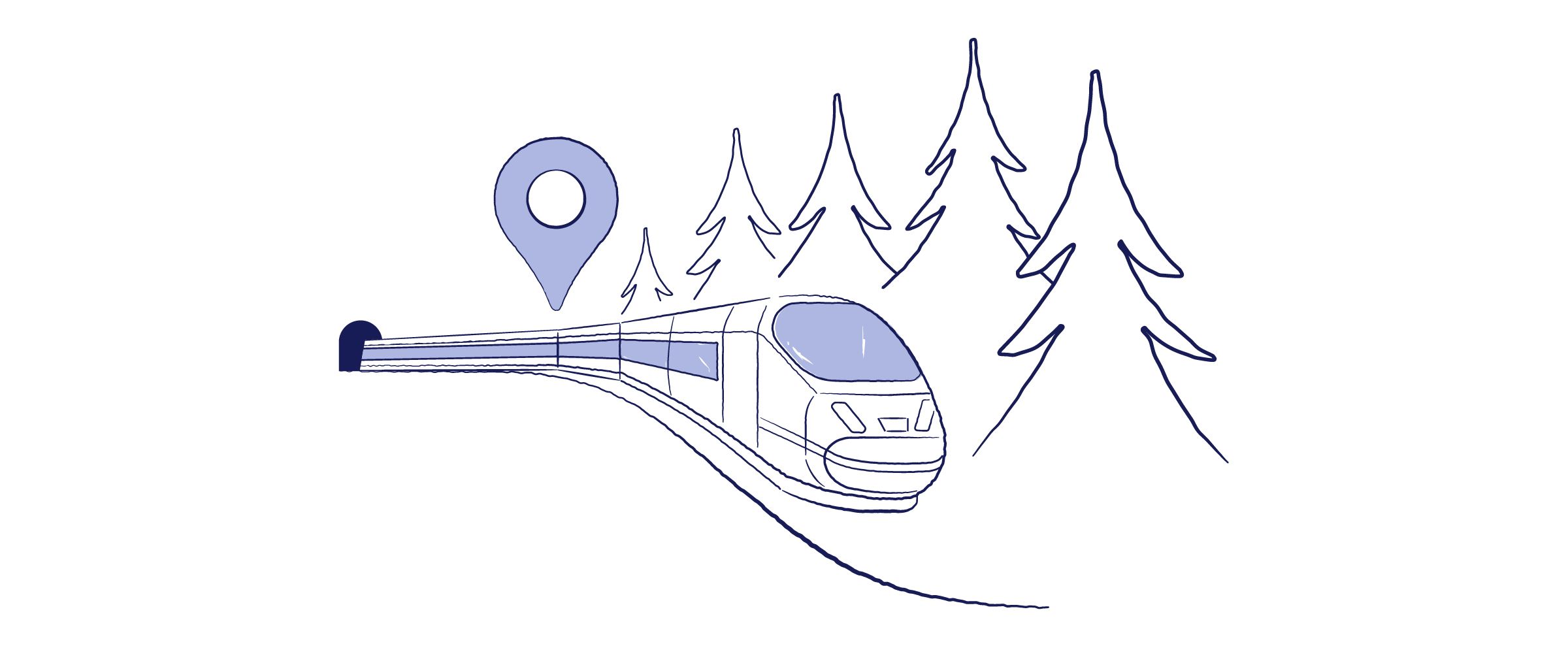 En illustrason av et tog som kommer ut av en tunnel og nærmer seg oss. Grantrær på siden av toget.