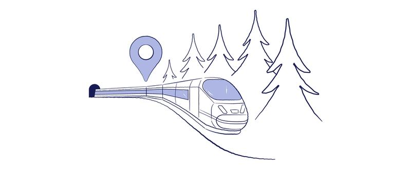 En illustrason av et tog som kommer ut av en tunnel og nærmer seg oss. Grantrær på siden av toget.