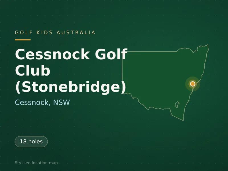 Stylised map showing the location of Cessnock Golf Club (Stonebridge) in Cessnock, NSW - not a photograph of the course