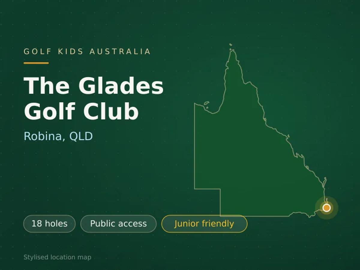 Stylised map showing the location of The Glades Golf Club in Robina, QLD - not a photograph of the course