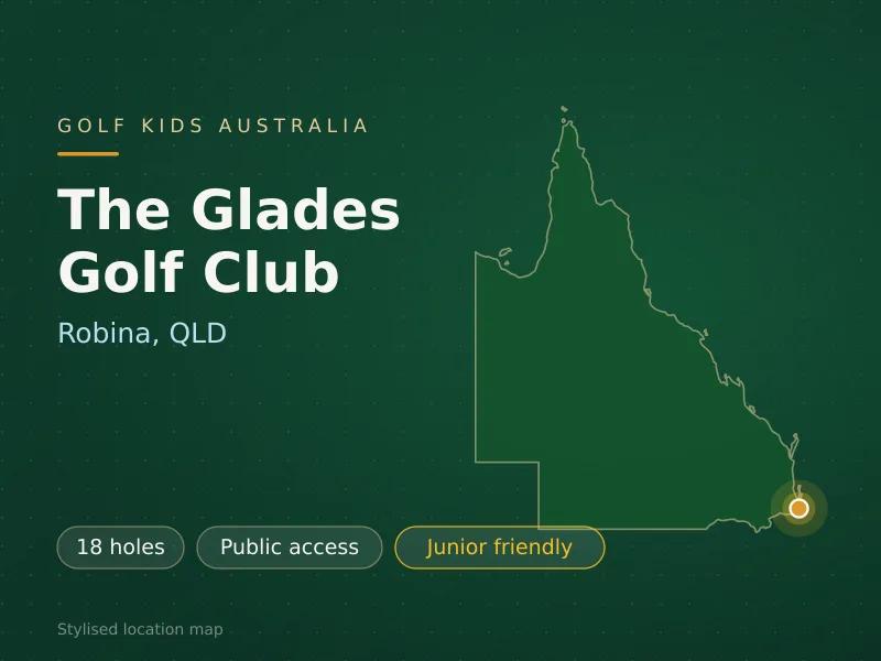 Stylised map showing the location of The Glades Golf Club in Robina, QLD - not a photograph of the course