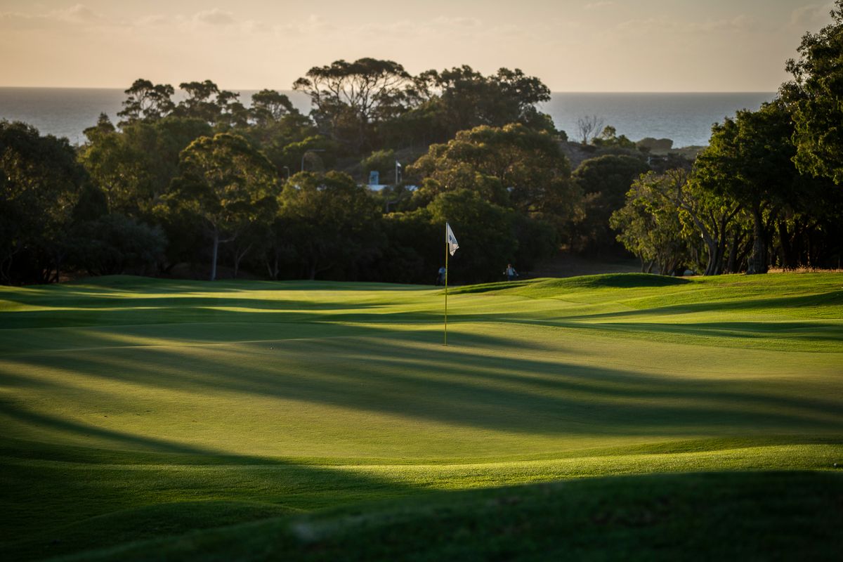 A green at Cottesloe Golf Club at sunset with the Indian Ocean visible beyond the trees