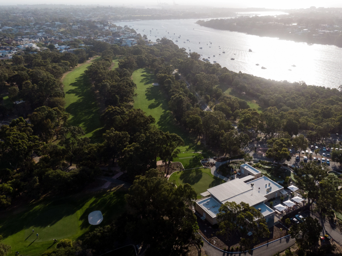 Aerial view of Point Walter Golf Course fairways, clubhouse and the Swan River