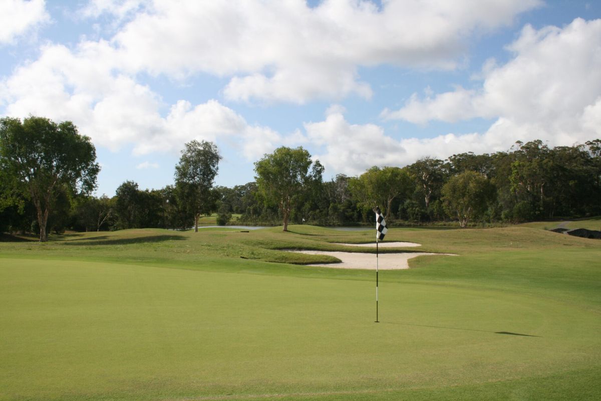 A green with checkered flag and bunker at Peregian Golf Course surrounded by trees
