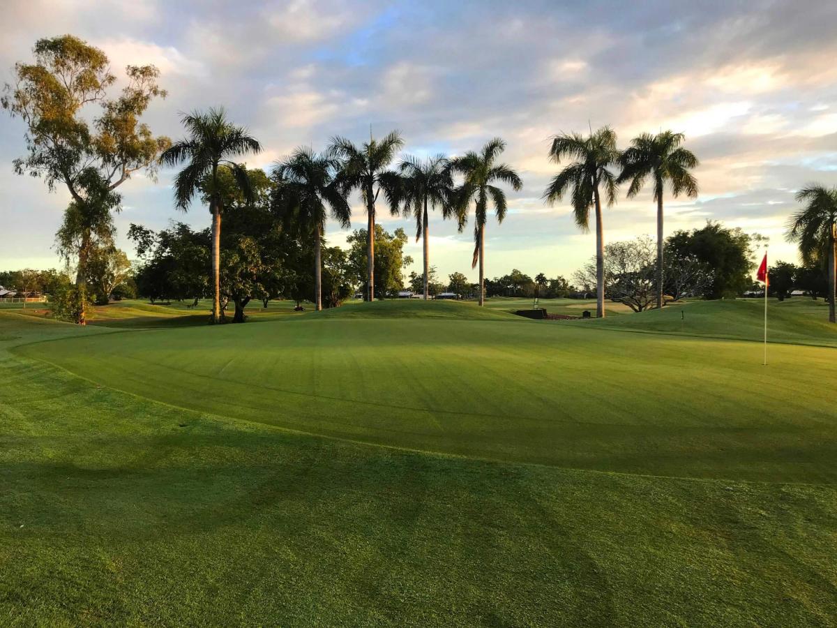 A green at Darwin Golf Club framed by tall tropical palm trees at sunset.
