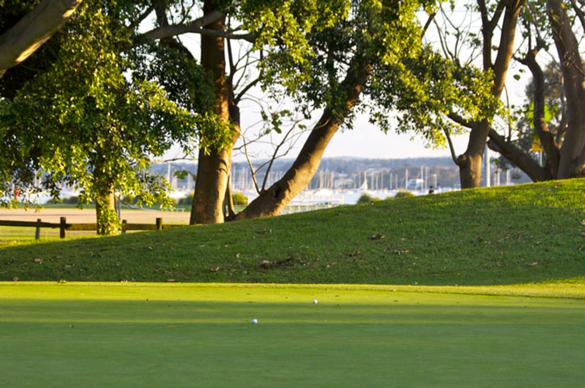 A green at Beverley Park Golf Club framed by trees, with the marina and harbour visible in the background.