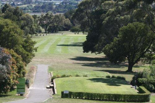 View down a tree-lined fairway at Riverside Golf Club