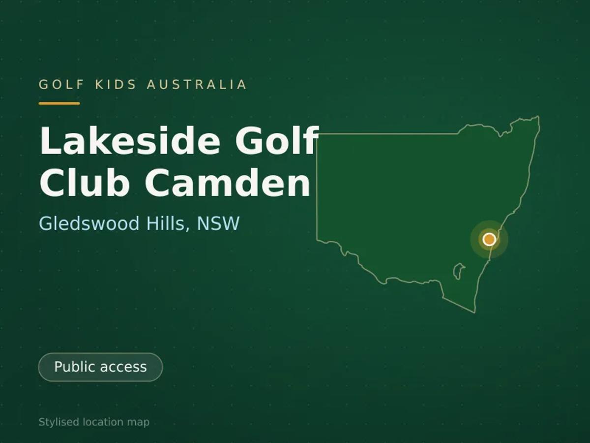 Stylised map showing the location of Lakeside Golf Club Camden in Gledswood Hills, NSW - not a photograph of the course