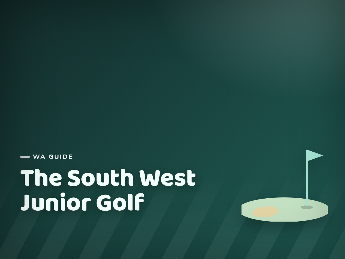Branded cover illustration for the guide "Best Junior Golf Courses in WA's South West (Busselton, Dunsborough & Bunbury)"